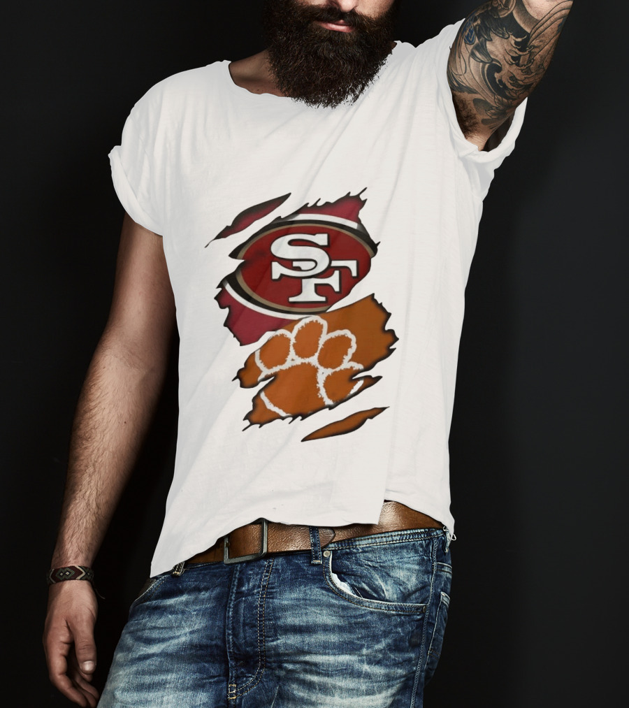 San Francisco 49ers SF And Clemson Tigers Paw Ripped Fabric T-Shirt