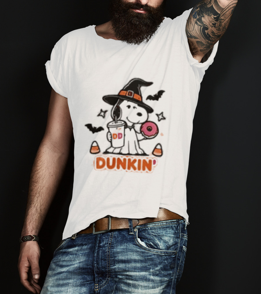 Snoopy Dunkin Donuts Halloween Witch Doughnut Coffee Cup Bats Candy Corn T-Shirt