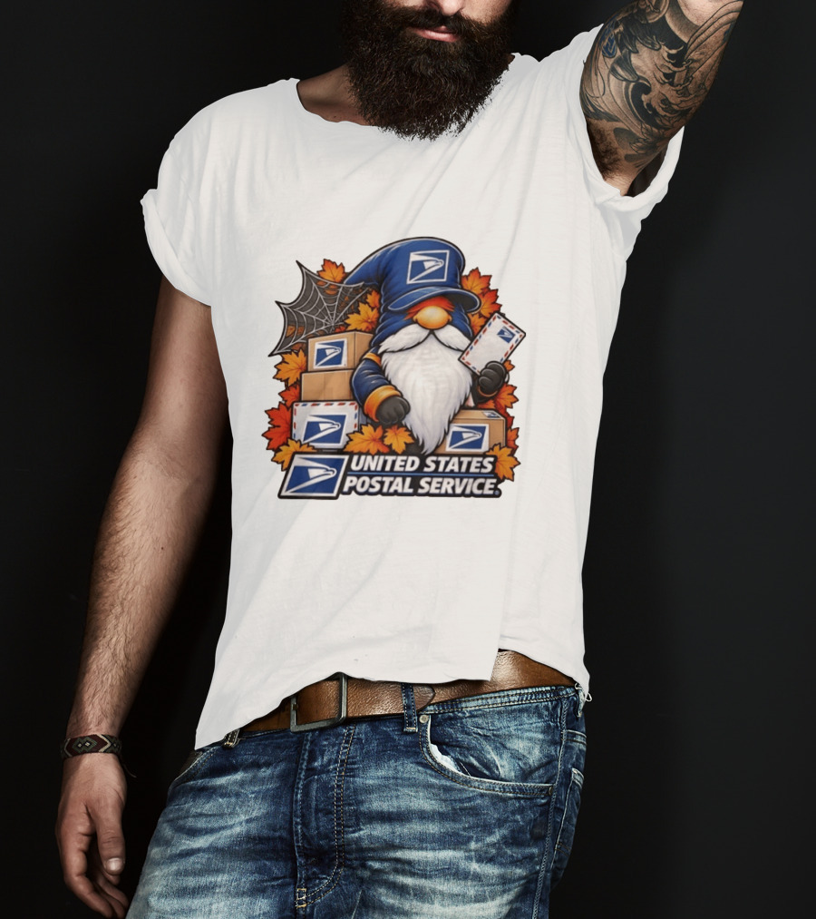 United States Postal Service Halloween Gnome With Mail And Fall Leaves T-Shirt