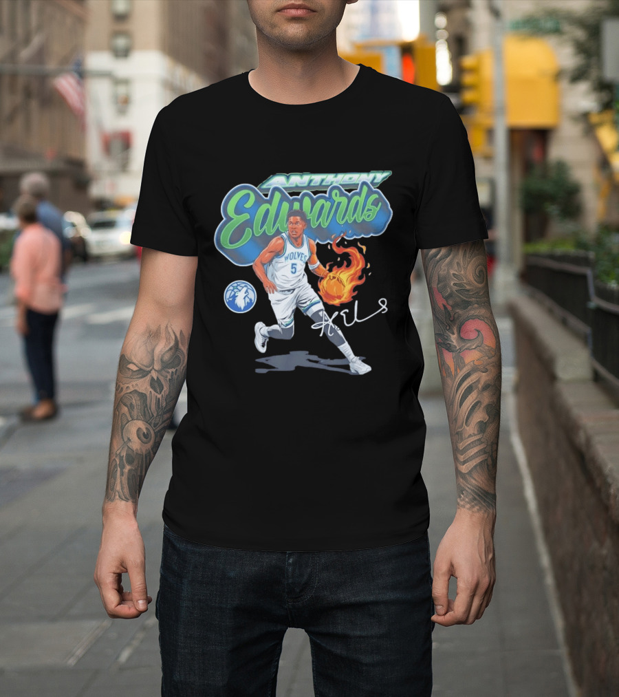 Anthony Edwards Wolves Cursive Script Basketball Flame Edit T-Shirt