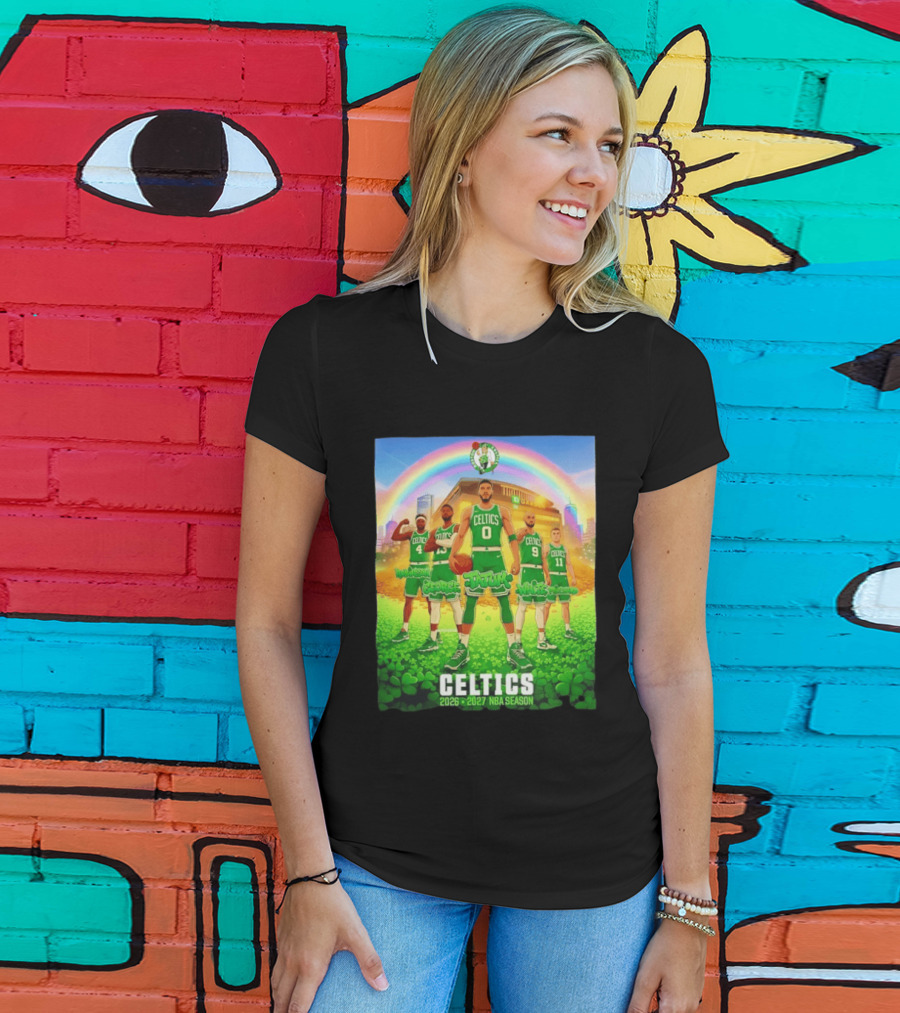Boston Celtics 2026 2027 NBA Season Tatum George White Robinson Pritchard Basketball Team Players Under Rainbow Scene T-Shirt