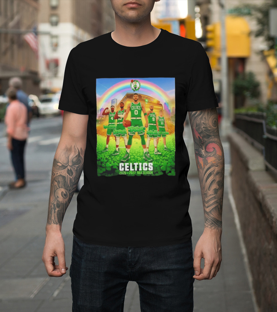 Boston Celtics 2026 2027 NBA Season Tatum George White Robinson Pritchard Basketball Team Players Under Rainbow Scene T-Shirt