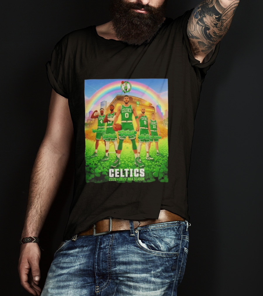 Boston Celtics 2026 2027 NBA Season Tatum George White Robinson Pritchard Basketball Team Players Under Rainbow Scene T-Shirt