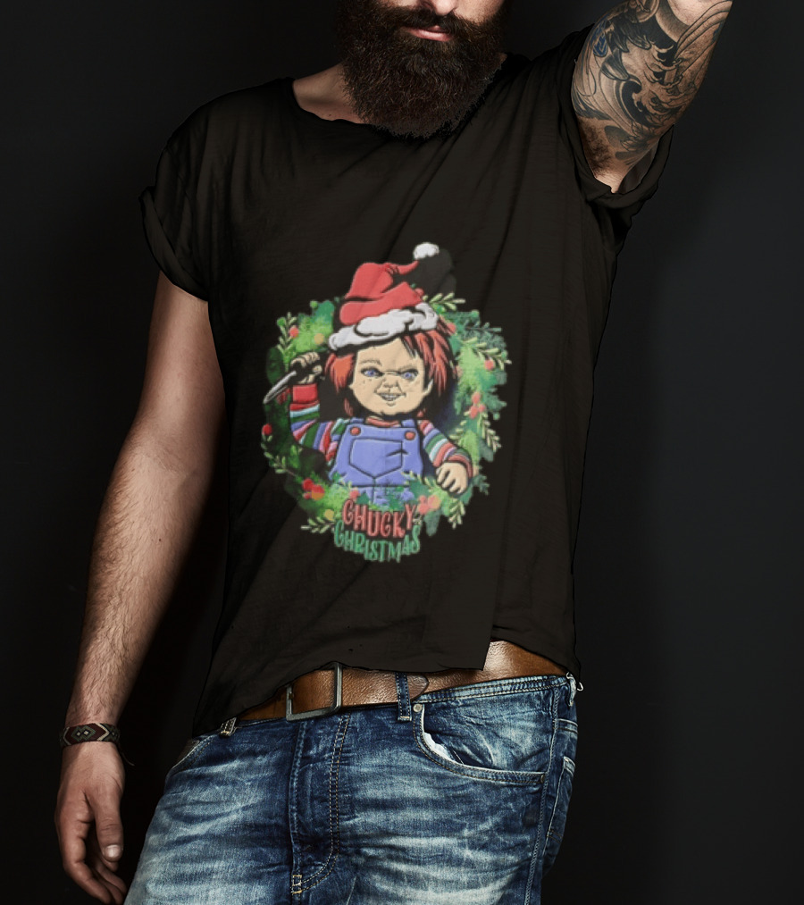Chucky Christmas Doll Holding Knife In Festive Wreath With Santa Hat T-Shirt