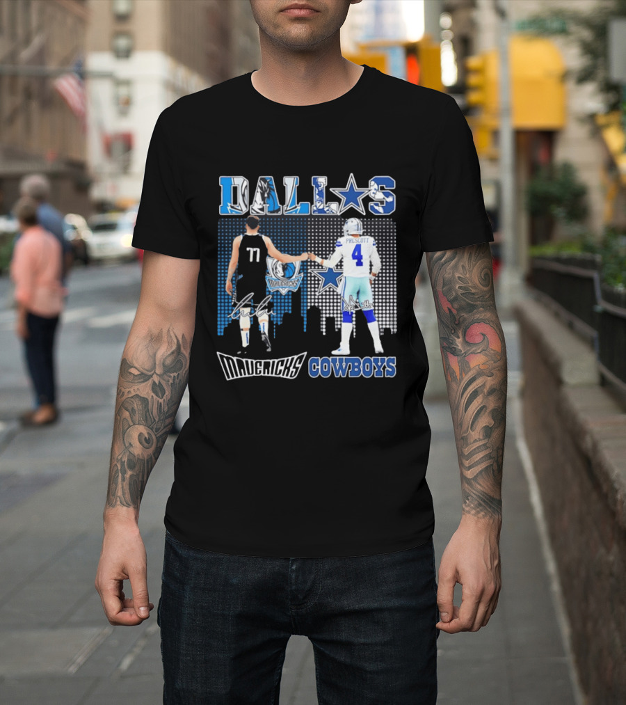 Dallas Mavericks Cowboys Skyline Signatures Luka Doncic Dak Prescott T-Shirt