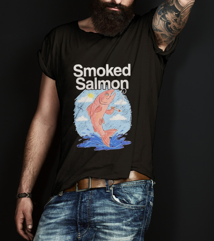 Smoked Salmon Smoking Fish Humorous Cartoon Design With Cloud And Water T-Shirt