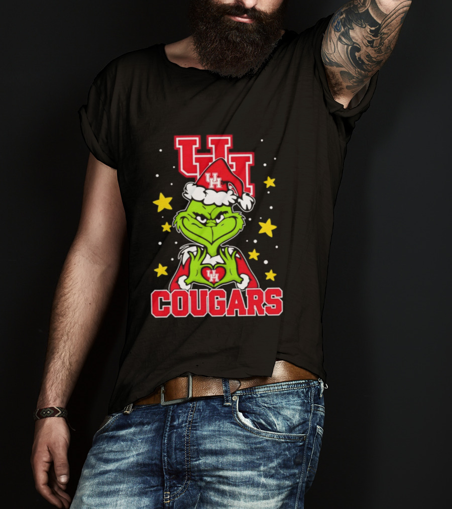 Grinch UH Houston Cougars Christmas Santa Hat Snow Stars T-Shirt