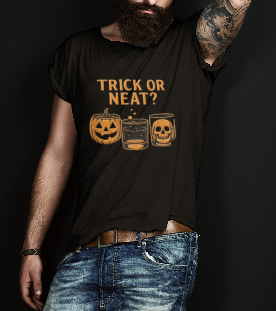 Trick Or Neat Jack O Lantern Whiskey Glass Skull T-Shirt
