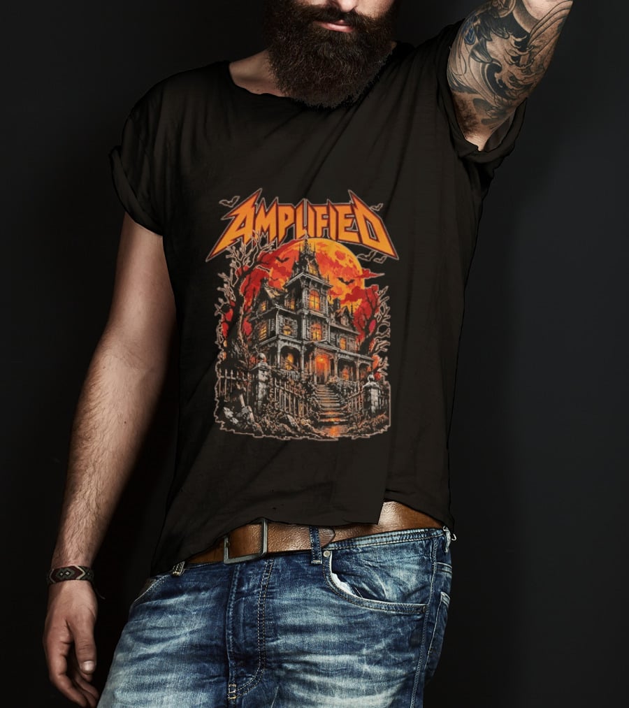 Amplified Haunted House Creepy Mansion With Eerie Full Moon And Dark Trees T-Shirt