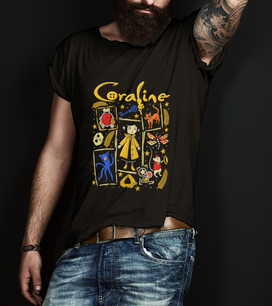 Coraline Characters Key Yellow Coat Cat Other Mother Neil Gaiman T-Shirt
