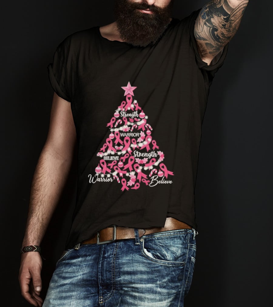 Warrior Strength Believe Breast Cancer Awareness Christmas Tree T-Shirt