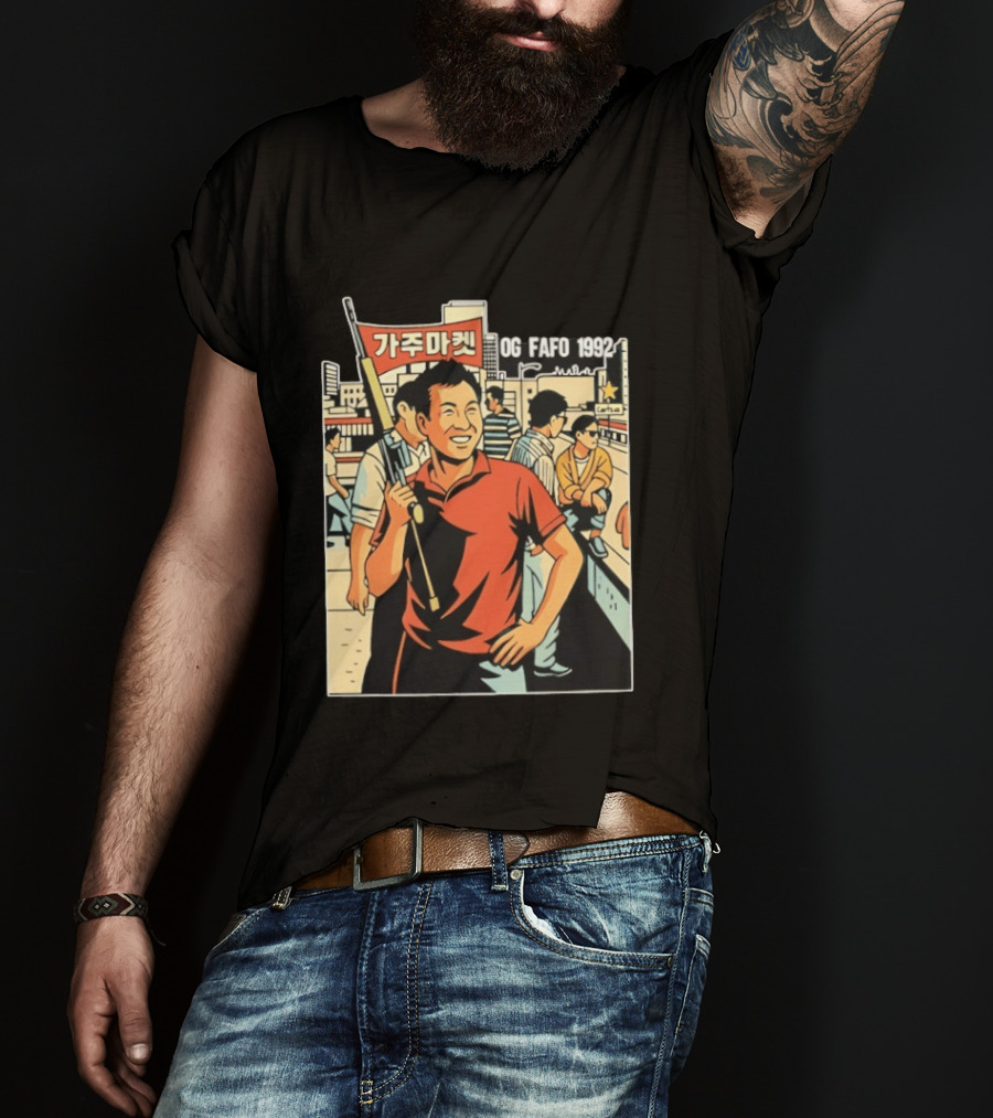 OG FAFO 1992 Rooftop Koreans Cartoon Characters Holding Flag And Rifle Urban Rooftop Scene T-Shirt