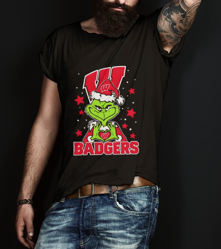 Grinch Wearing Wisconsin Badgers Hat Christmas Sports Fan T-Shirt