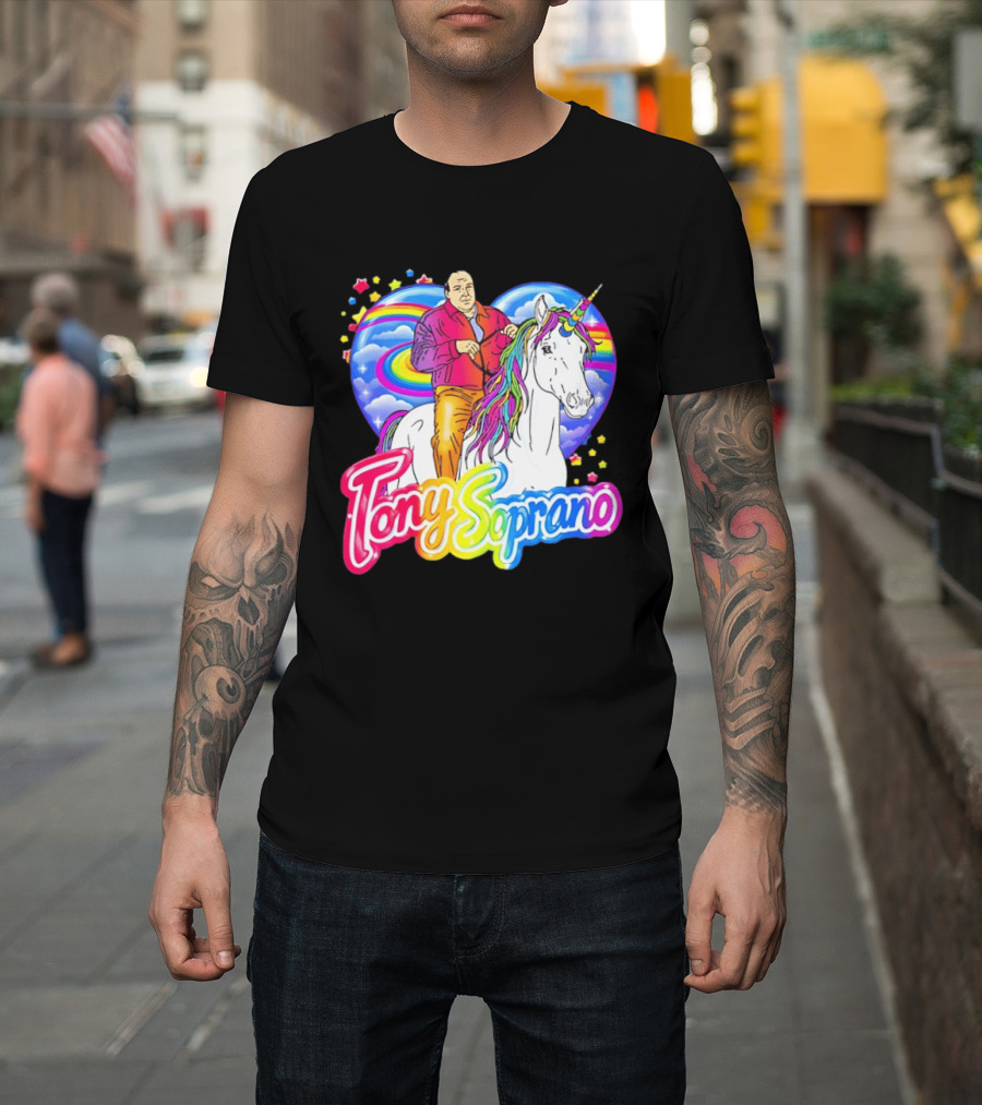 Tony Soprano Riding Rainbow Unicorn With Heart And Stars T-Shirt
