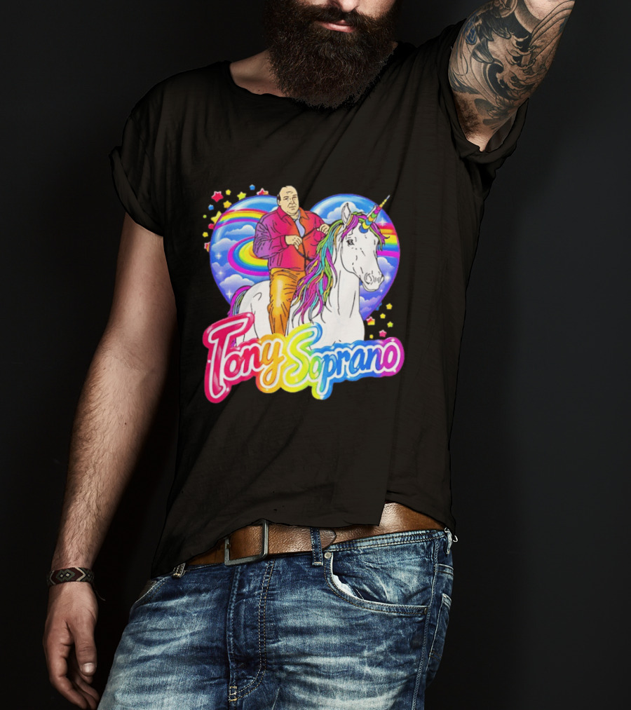 Tony Soprano Riding Rainbow Unicorn With Heart And Stars T-Shirt