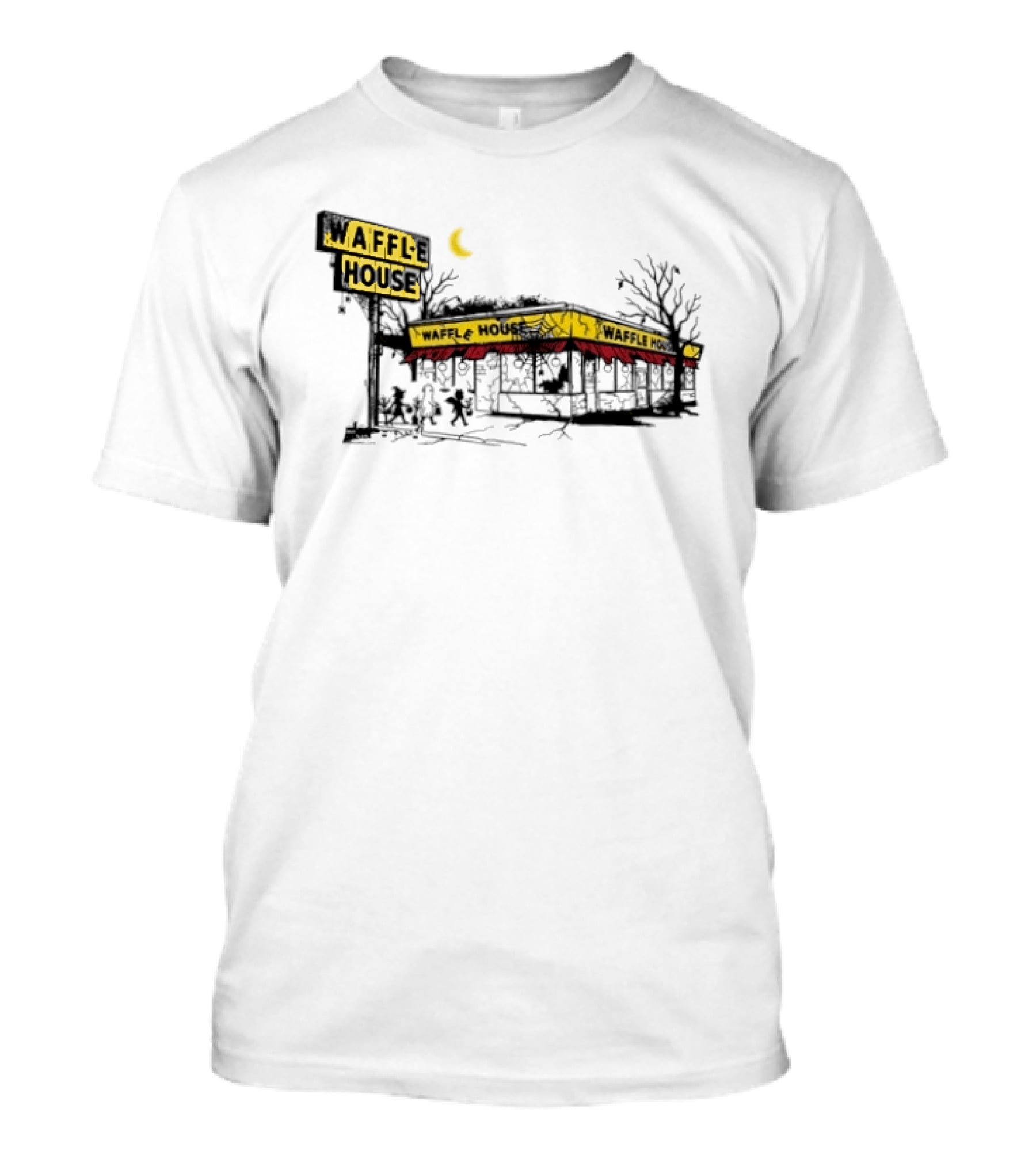 Haunted Waffle House Halloween 2026 Spooky Night Scene With Moon And Trees T-Shirt