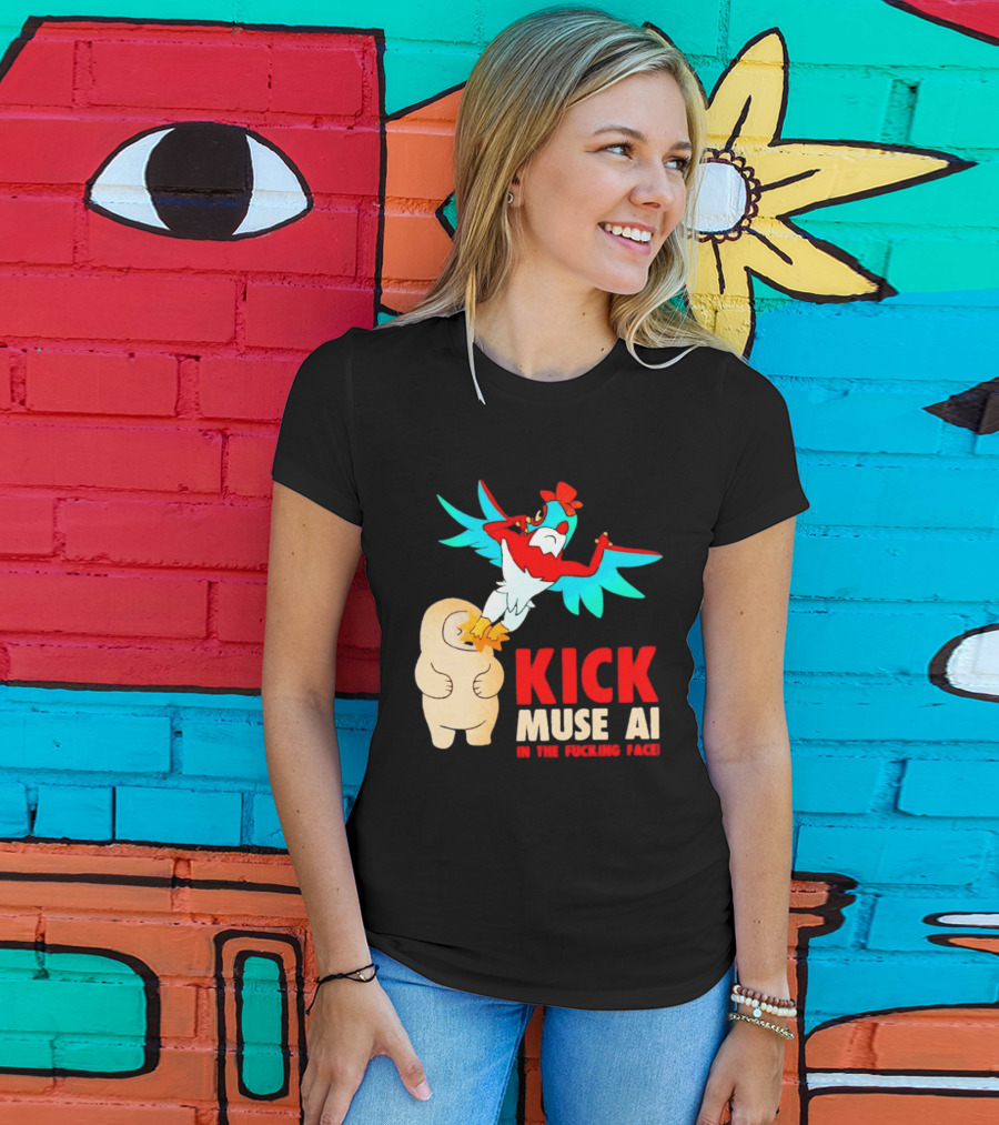 Kick Muse AI In The Face Protest Cartoon Bird Kicking T-Shirt