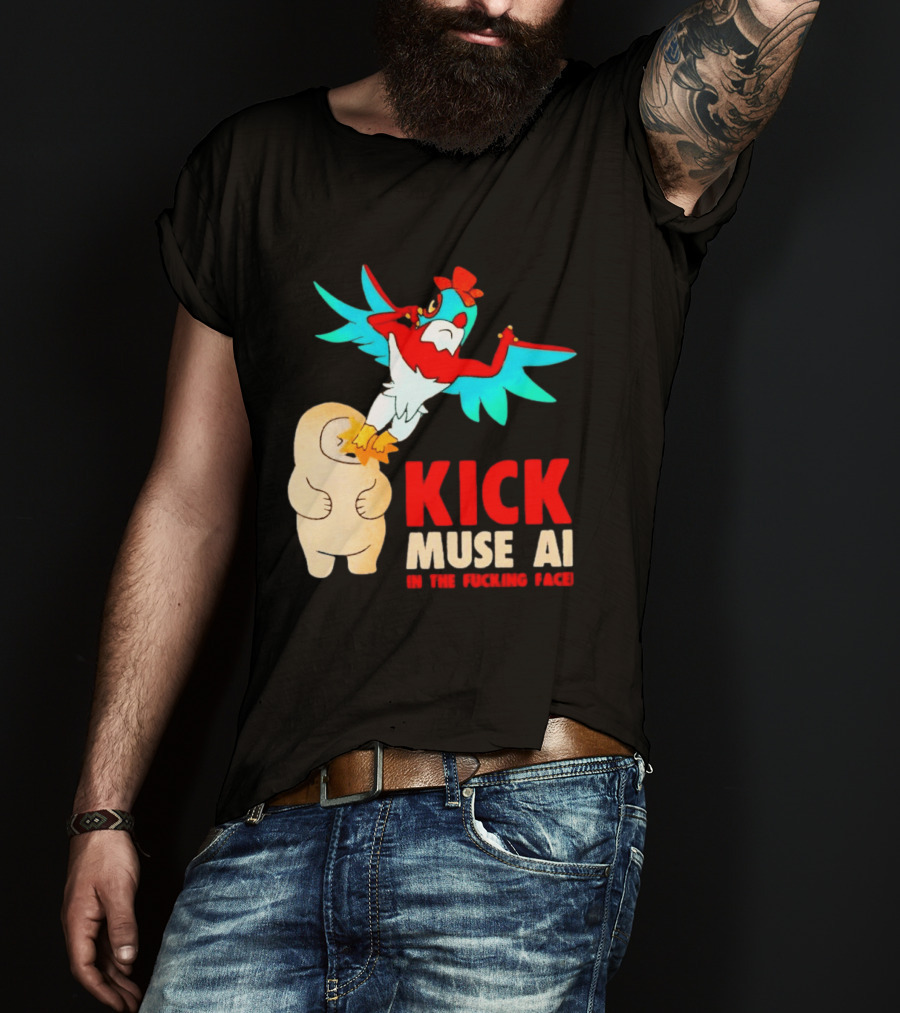 Kick Muse AI In The Face Protest Cartoon Bird Kicking T-Shirt
