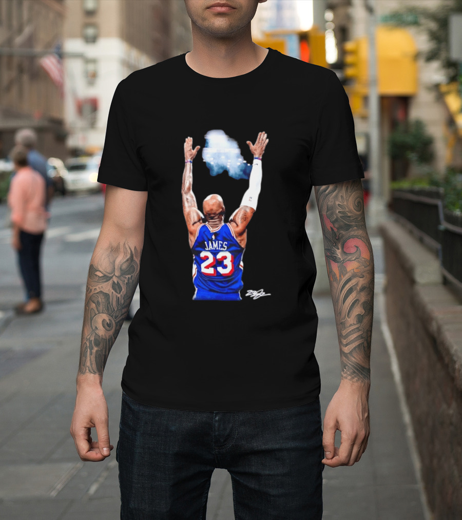 King LeBron James Philadelphia 76ers Jersey Number 23 Celebration T-Shirt