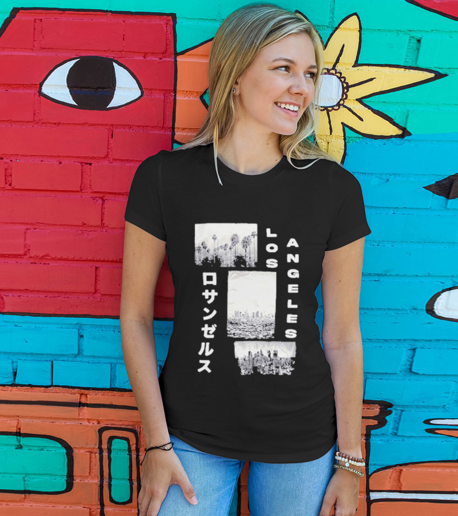 Los Angeles Cityscape With Japanese Text Satin Patch T-Shirt