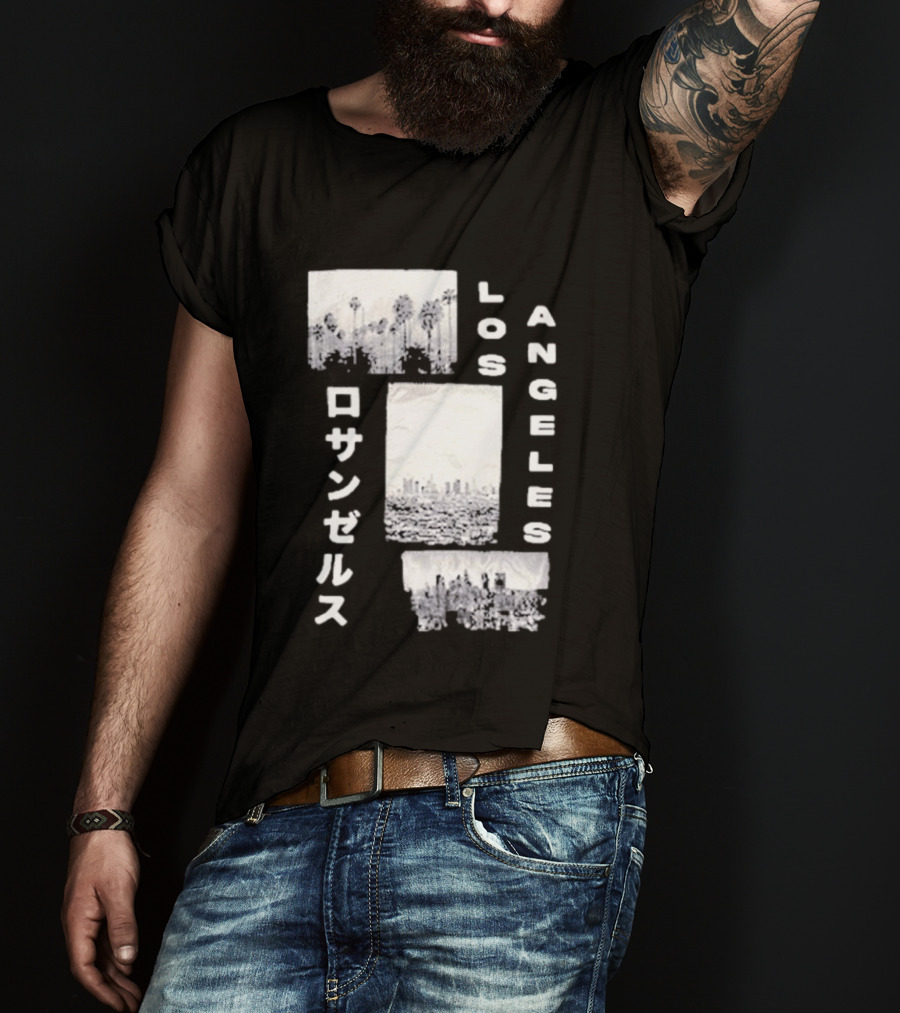 Los Angeles Cityscape With Japanese Text Satin Patch T-Shirt
