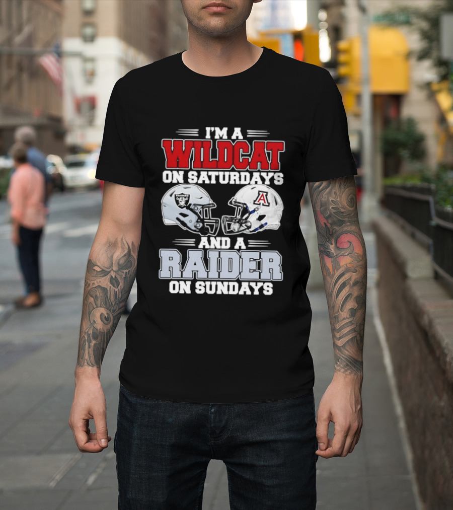 I'm A Wildcat On Saturdays Raider On Sundays With Football Helmets T-Shirt