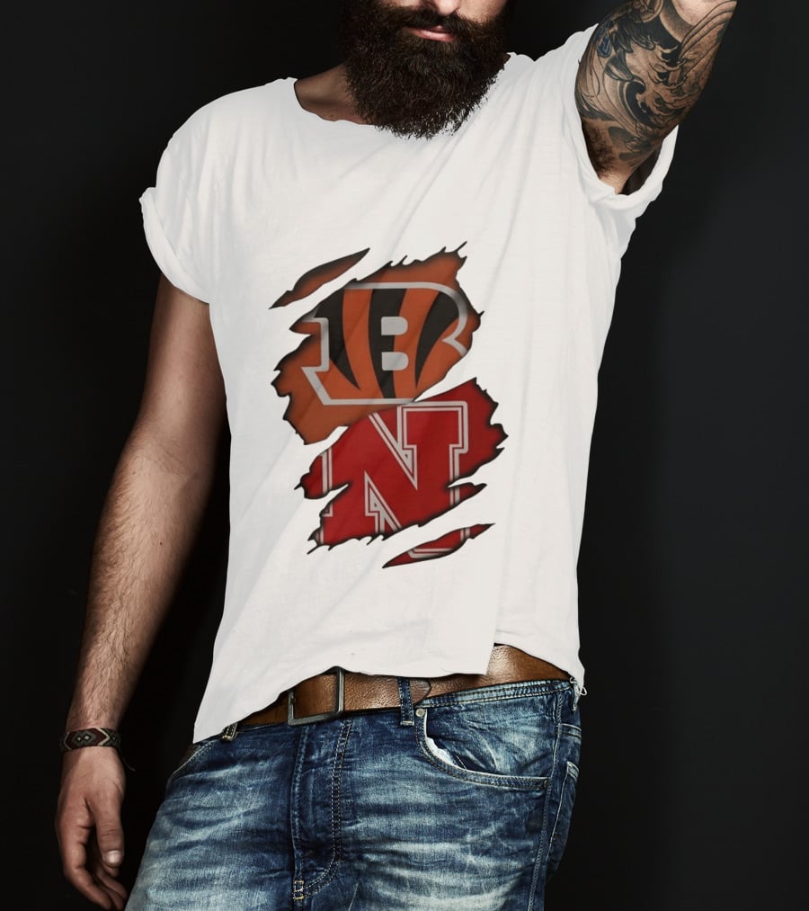Cincinnati Bengals Nebraska Cornhuskers Combined Logos Ripped Fan Pride T-Shirt