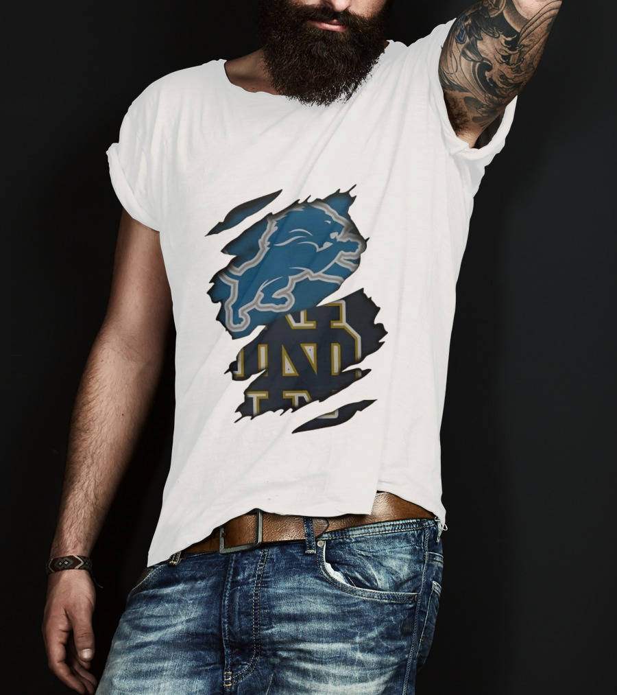 Detroit Lions Notre Dame Fighting Irish Distressed Logo Combination T-Shirt