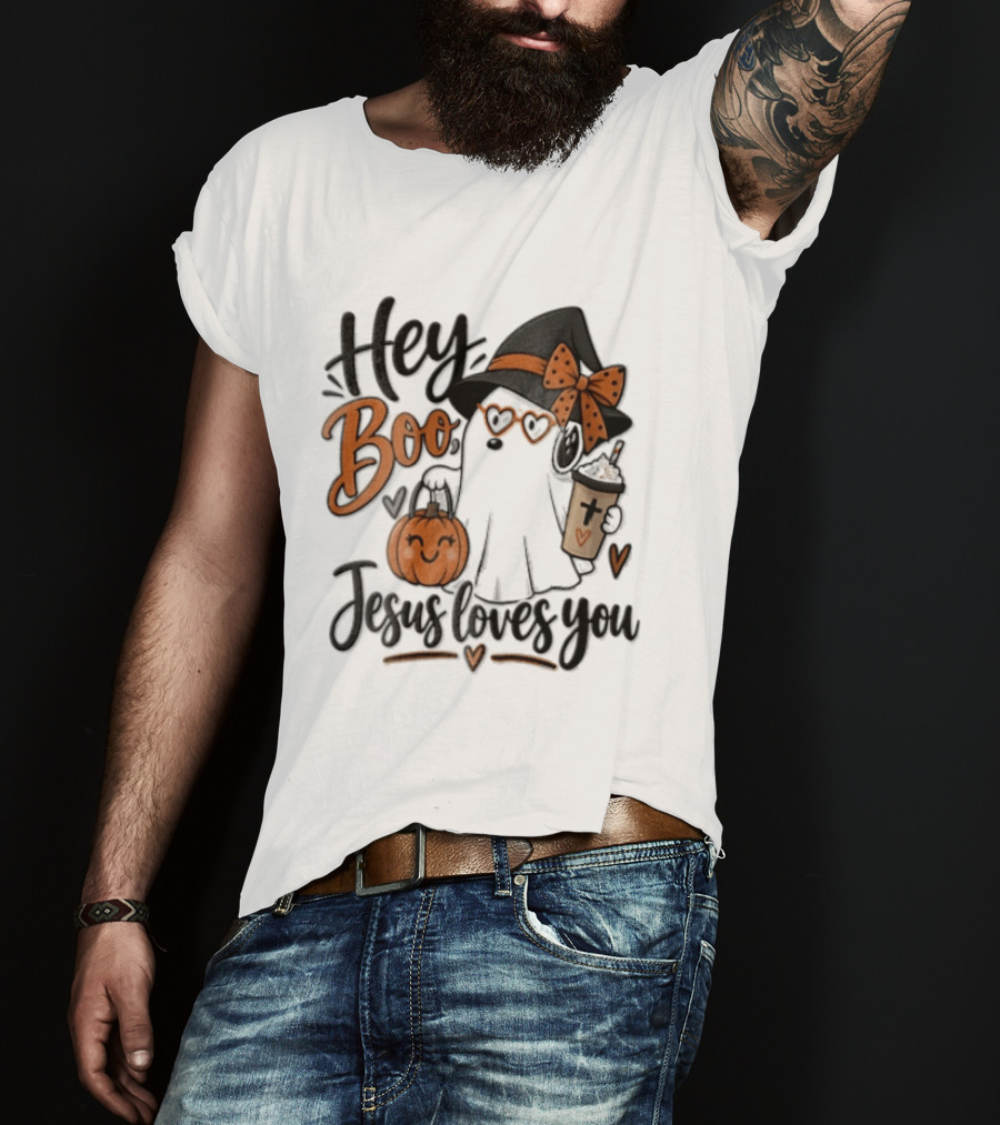 Hey Boo Jesus Loves You Ghost Witch Hat Glasses Pumpkin T-Shirt
