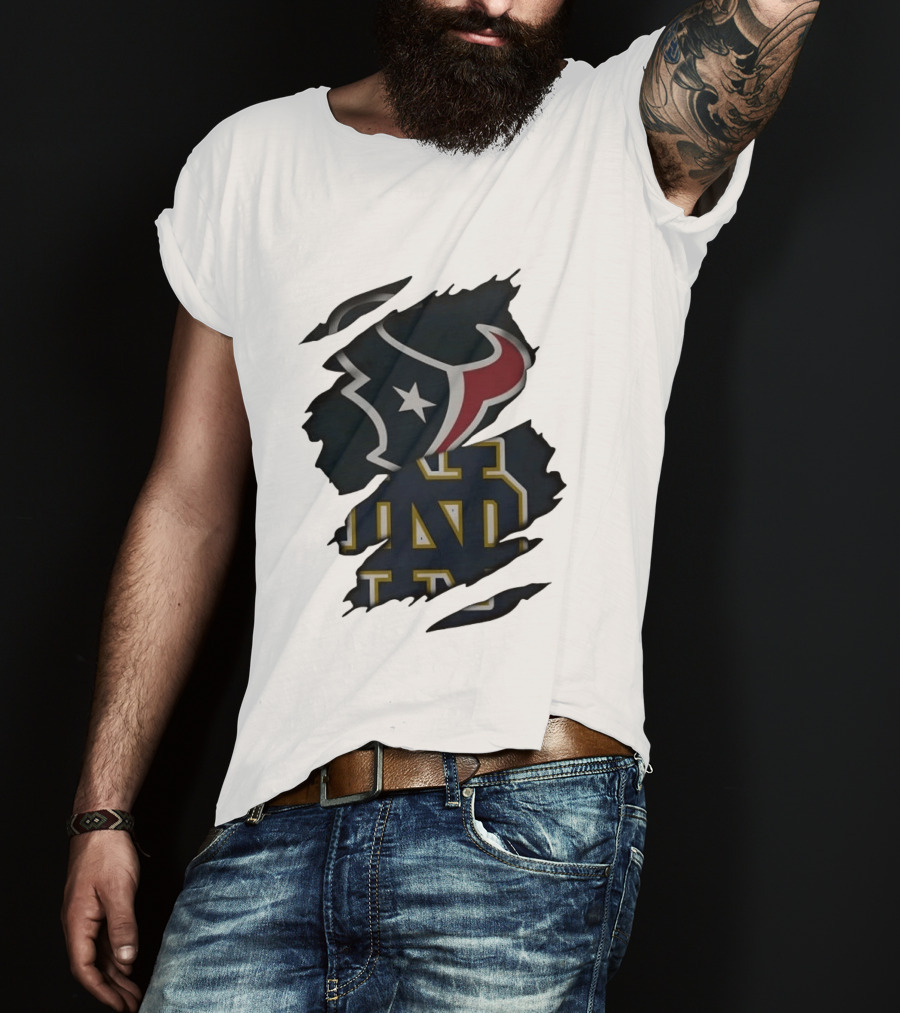 Houston Texans Notre Dame Fighting Irish Torn Fabric Collaboration T-Shirt