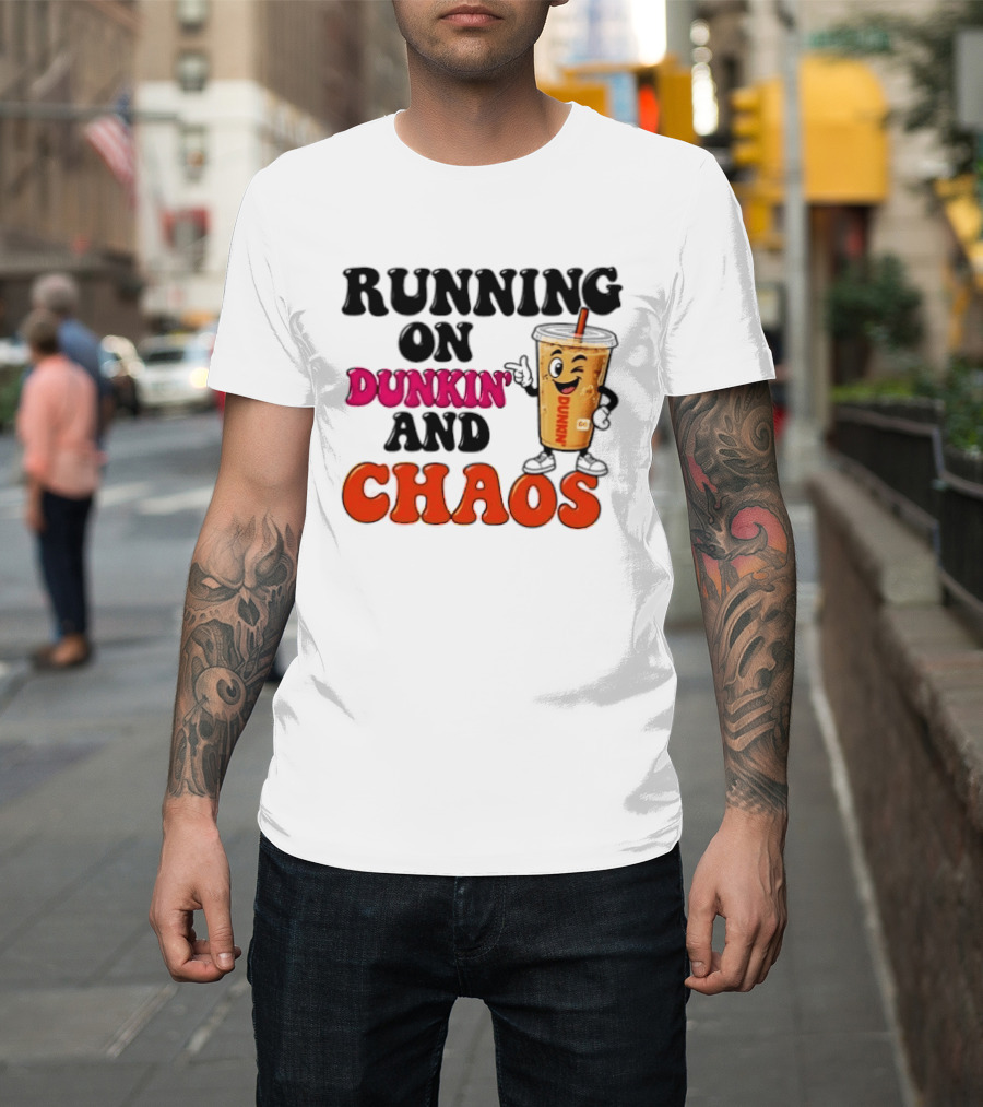 Running On Dunkin' And Chaos Coffee Winking Iced Drink T-Shirt