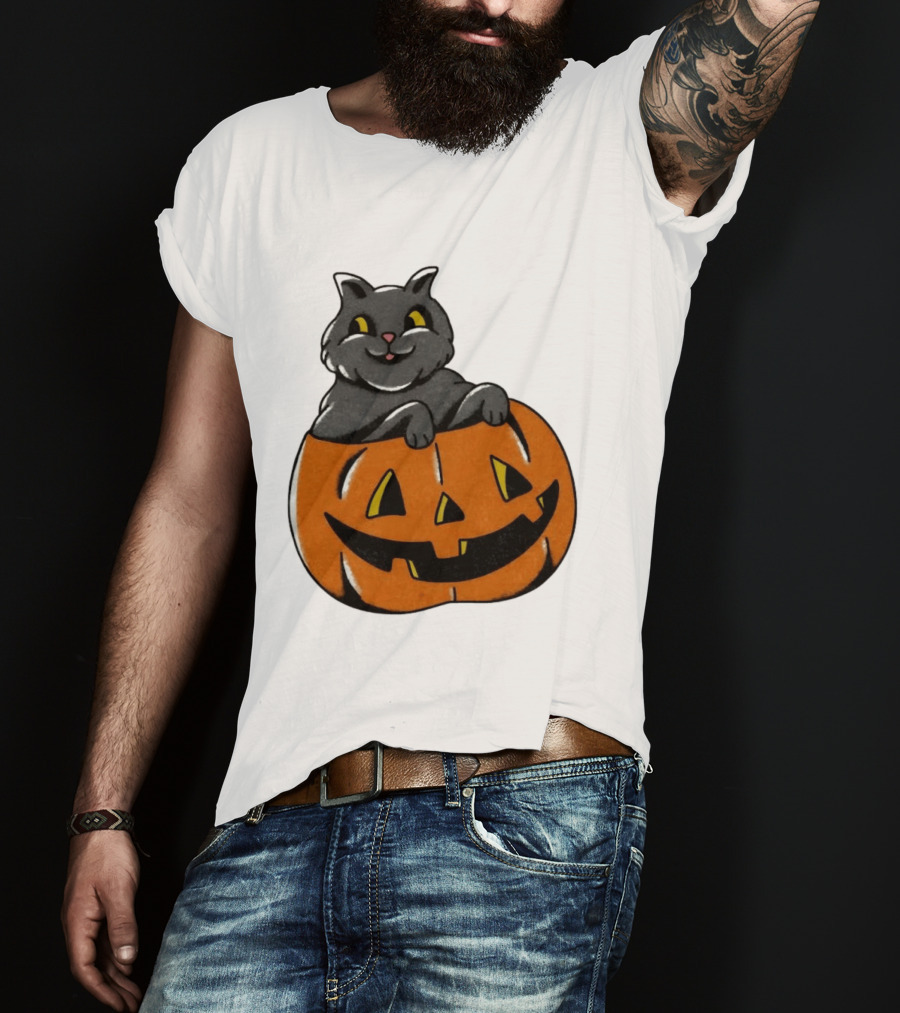 Black Cat In Jack O' Lantern Halloween Pumpkin T-Shirt