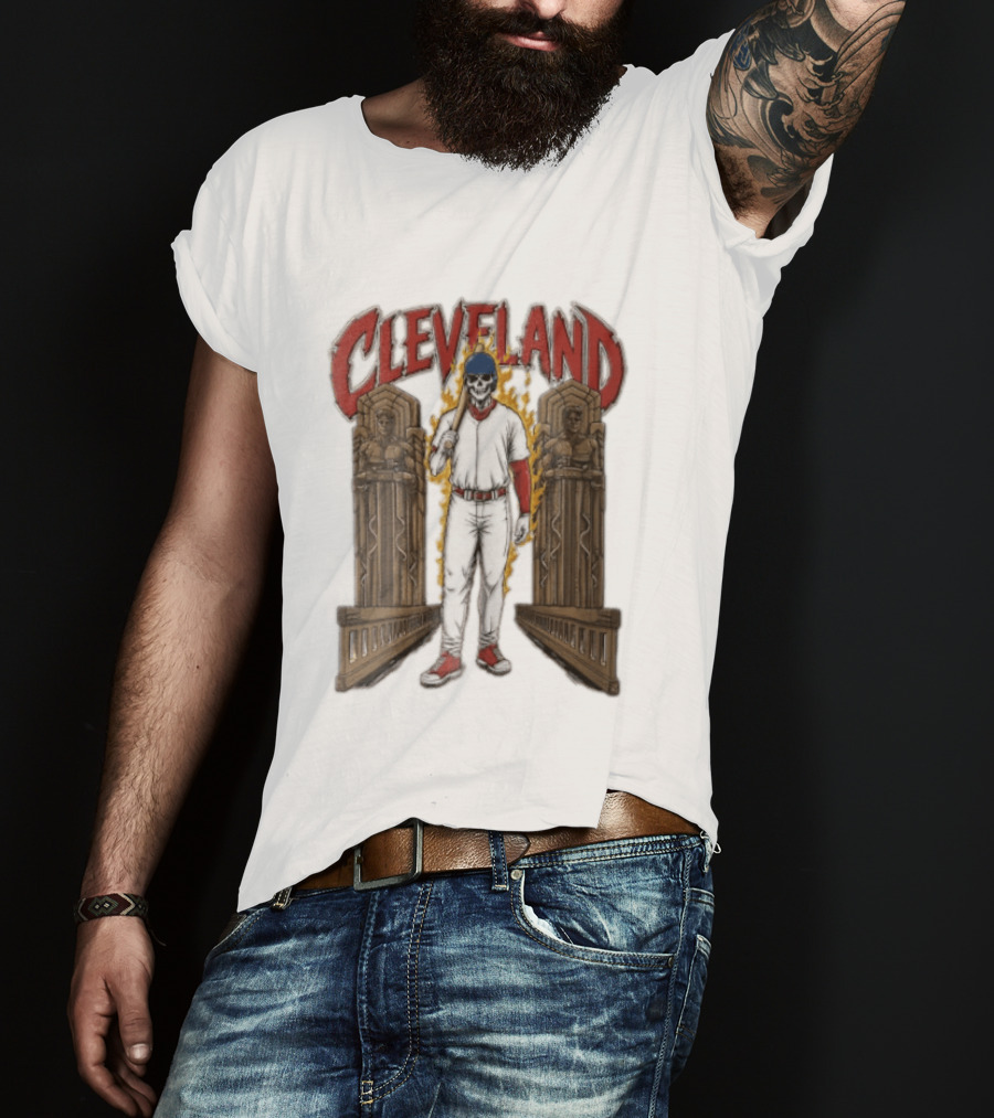 Cleveland Guardians Skeleton Baseball Player Flaming Statue T-Shirt