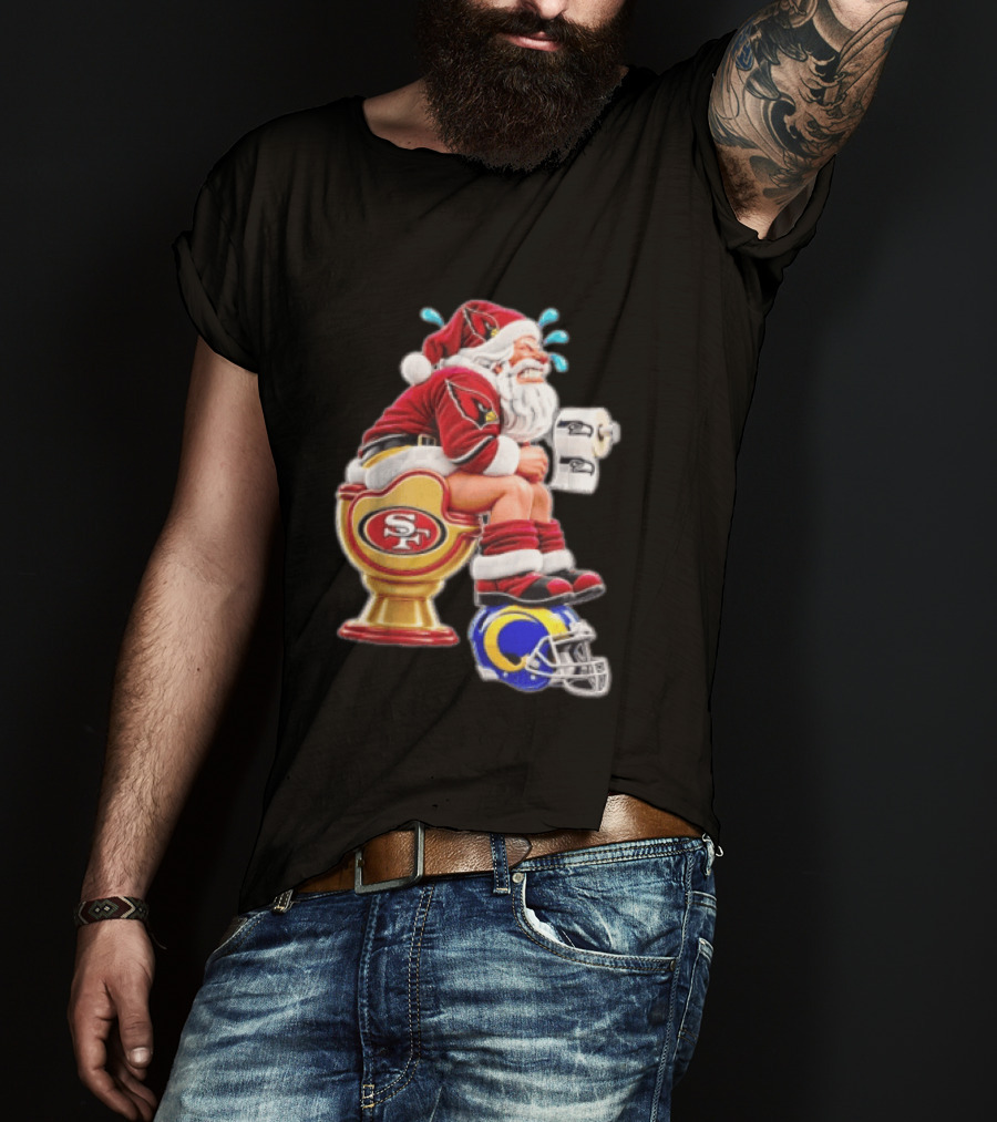 Santa Claus Sitting On San Francisco 49ers Toilet With Seattle Seahawks And Los Angeles Rams T-Shirt