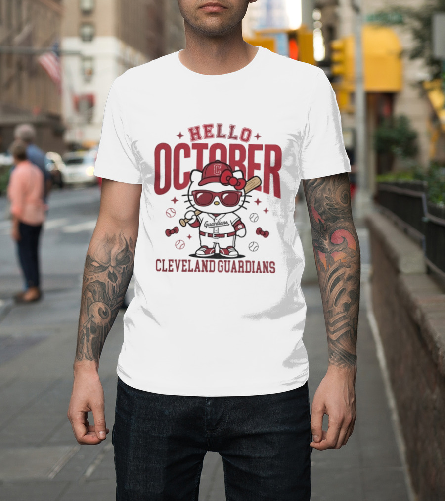 Hello Kitty Cleveland Guardians Hello October Baseball Player Cartoon T-Shirt