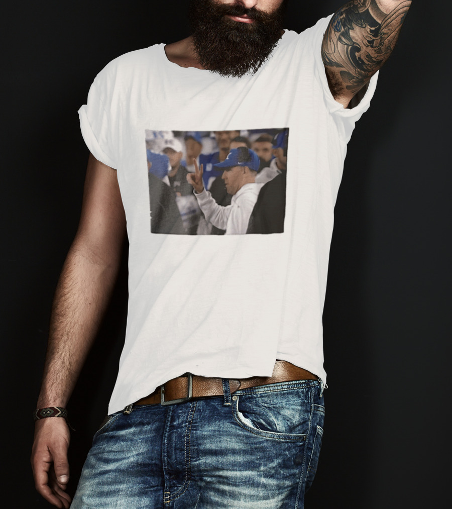 Kentucky Wildcats Mark Stoops Blue Cap Peace Sign Coach Image T-Shirt