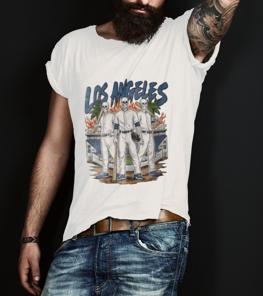 Los Angeles Skeleton Baseball Players Stadium Flames Palms T-Shirt