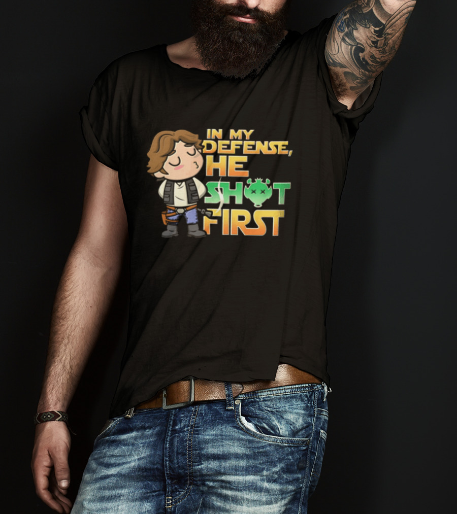 In My Defense He Shot First Han Solo Star Wars Movie T-Shirt