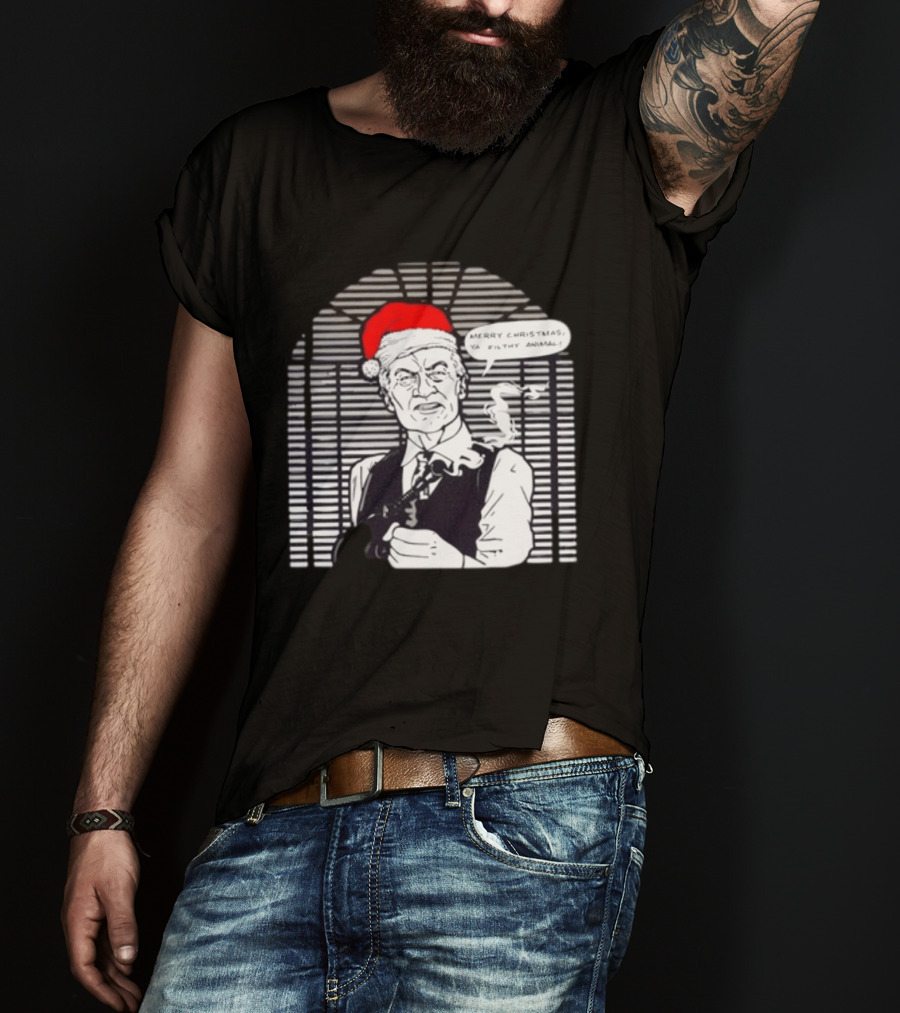 Joe Pesci Merry Christmas Ya Filthy Animal Home Alone Christmas Hat Smoking Gun Scene T-Shirt