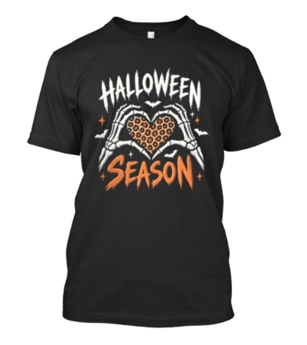 Halloween Season Skeleton Hands Heart Leopard Bats T-Shirt