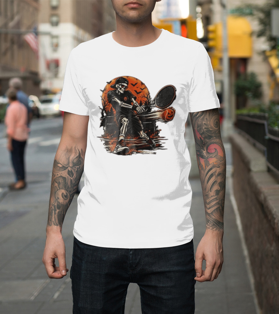 Halloween Skeleton Tennis Player With Pumpkin Ball And Full Moon T-Shirt