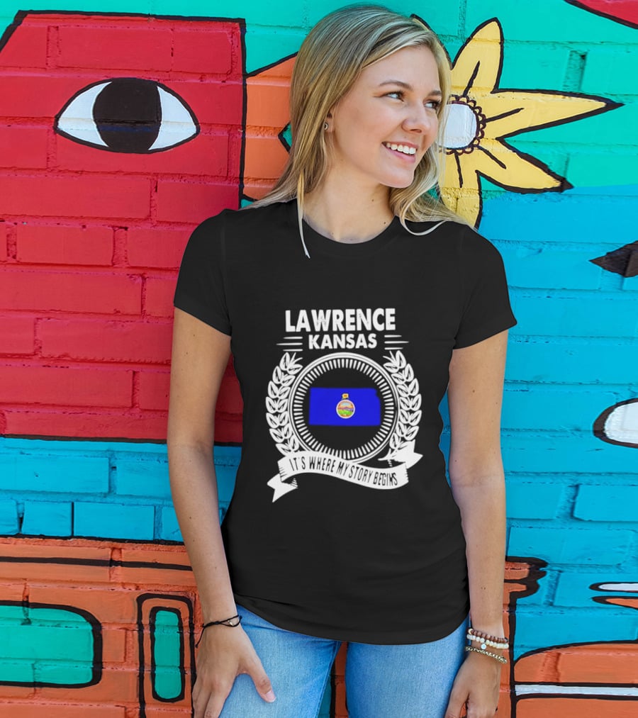 Lawrence Kansas City Flag Emblem Where My Story Begins T-Shirt