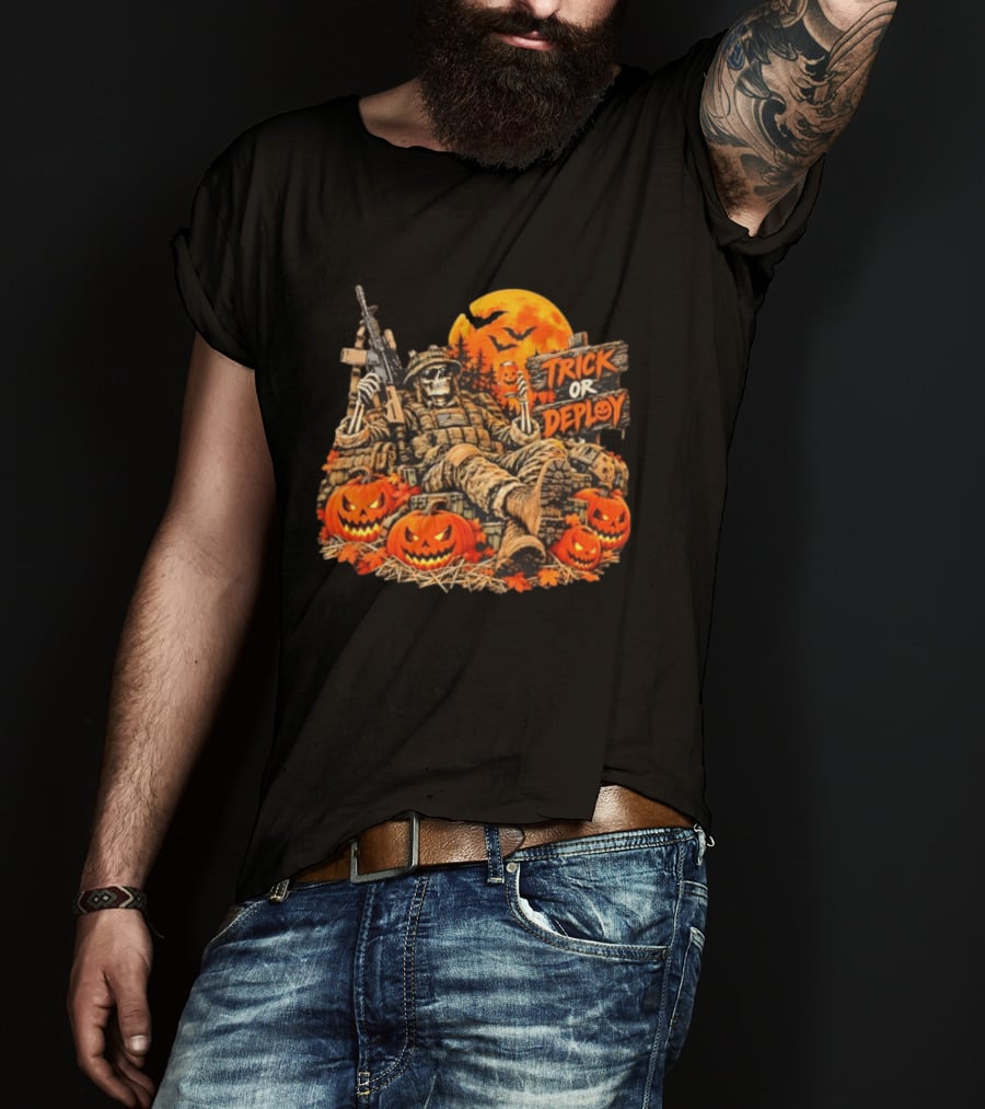 Trick Or Deploy Skeleton Soldier With Halloween Pumpkins And Rifle T-Shirt