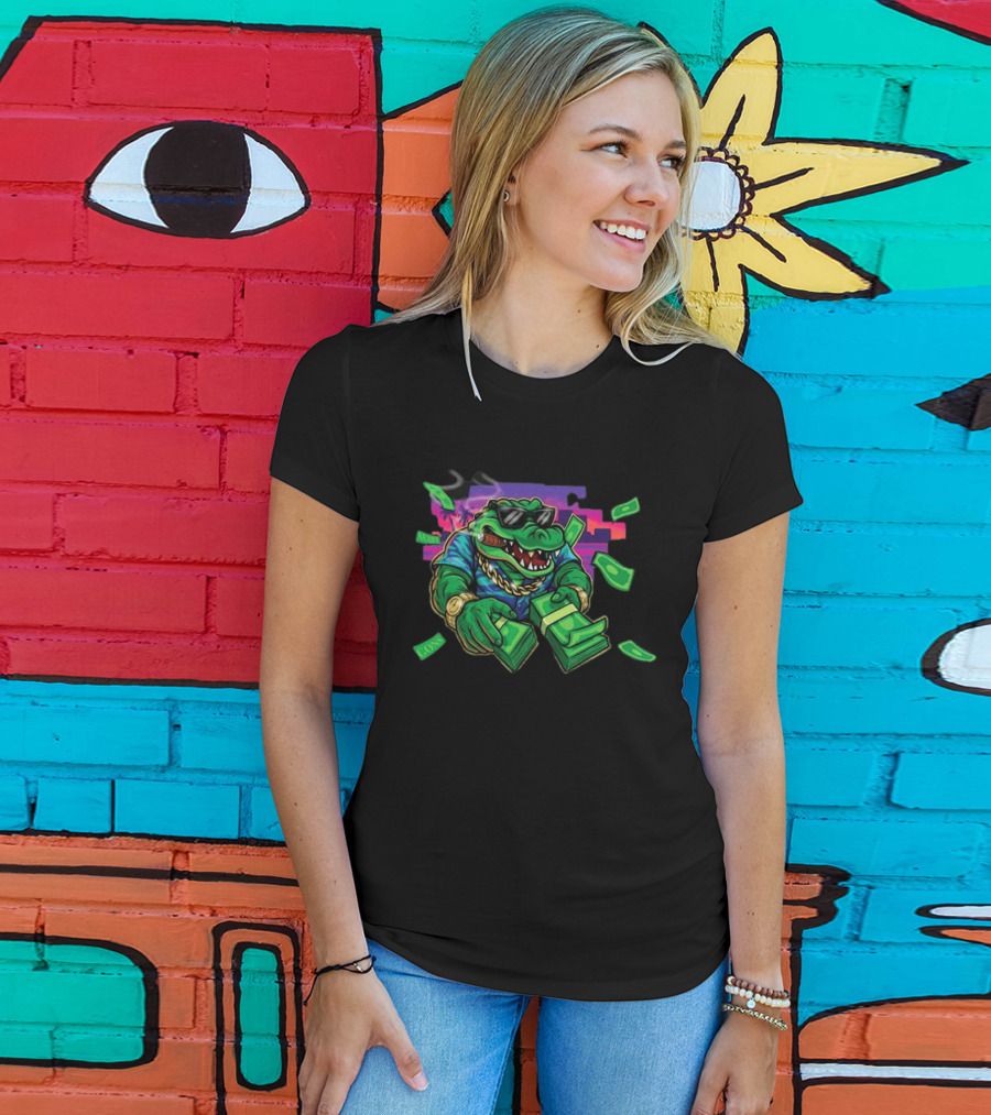 The Wynwood Walls Store Gons Audet Vice City Stylish Cigar Smoking Alligator With Sunglasses And Money T-Shirt