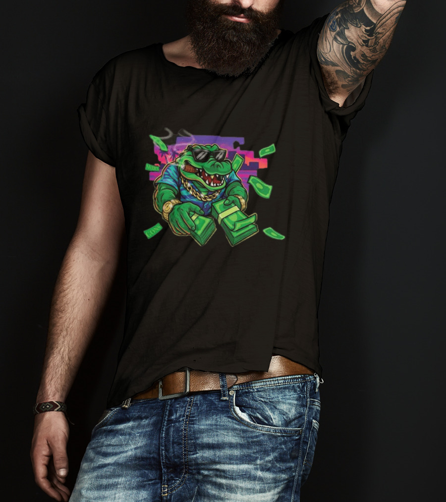 The Wynwood Walls Store Gons Audet Vice City Stylish Cigar Smoking Alligator With Sunglasses And Money T-Shirt