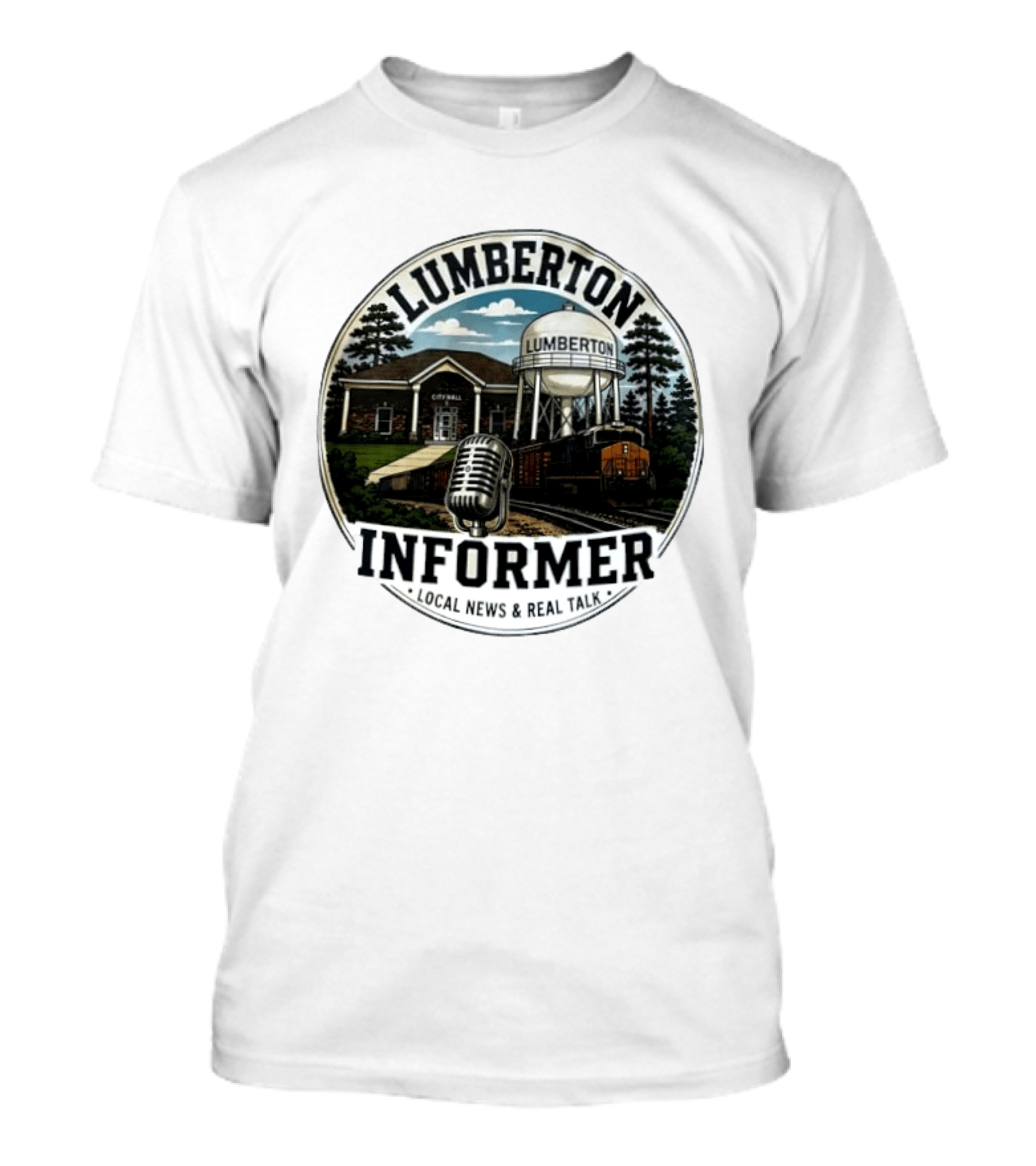 Lumberton Informer Local News Real Talk City Hall Microphone Train Tower Scenery T-Shirt