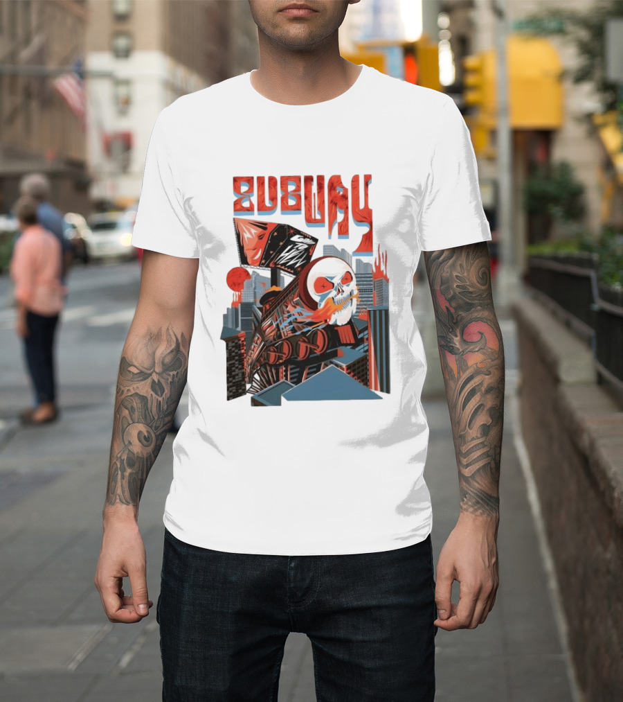 Subway Goes To Hell Skull Train Surreal Cityscape T-Shirt