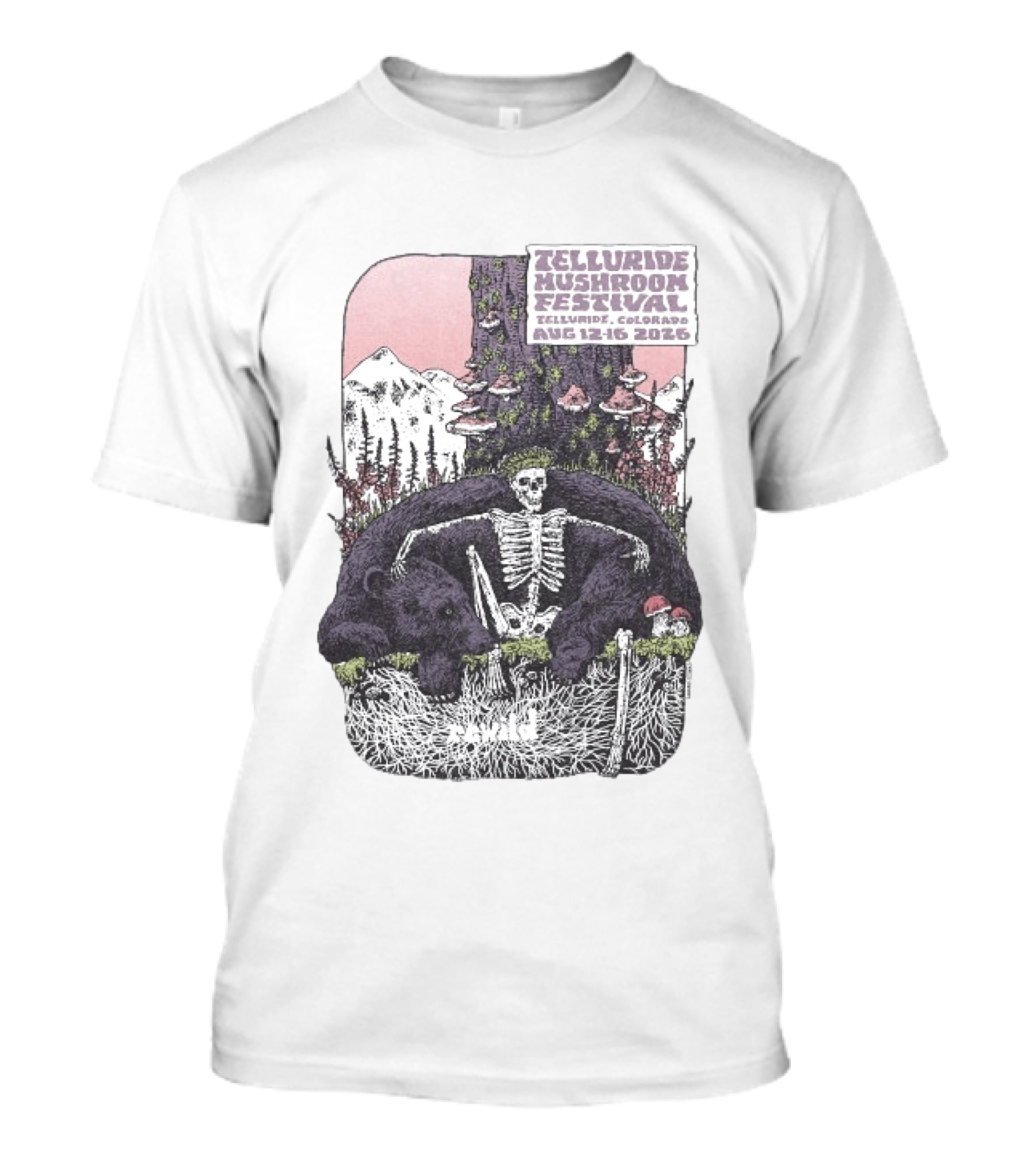 Telluride Mushroom Festival August 12 16 2026 Colorado Skeleton Bear Mountain Scene T-Shirt