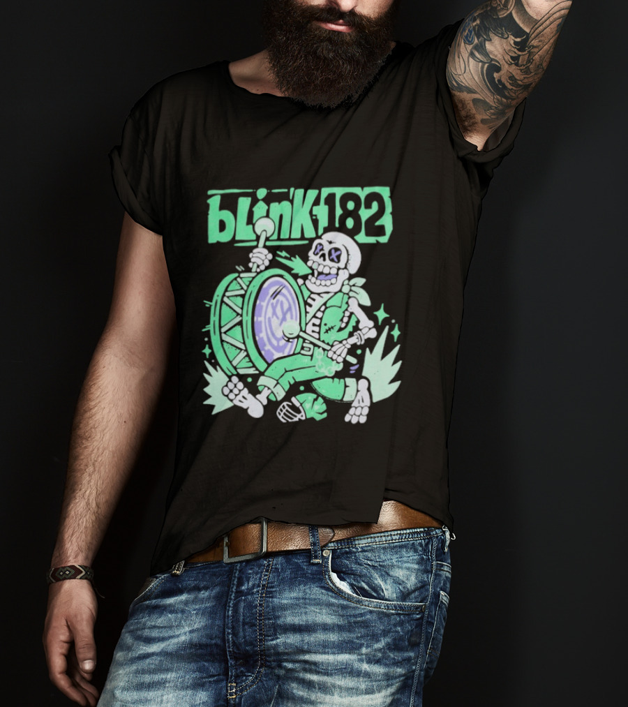 Blink 182 Skeleton Drum Art With Playful Percussion T-Shirt