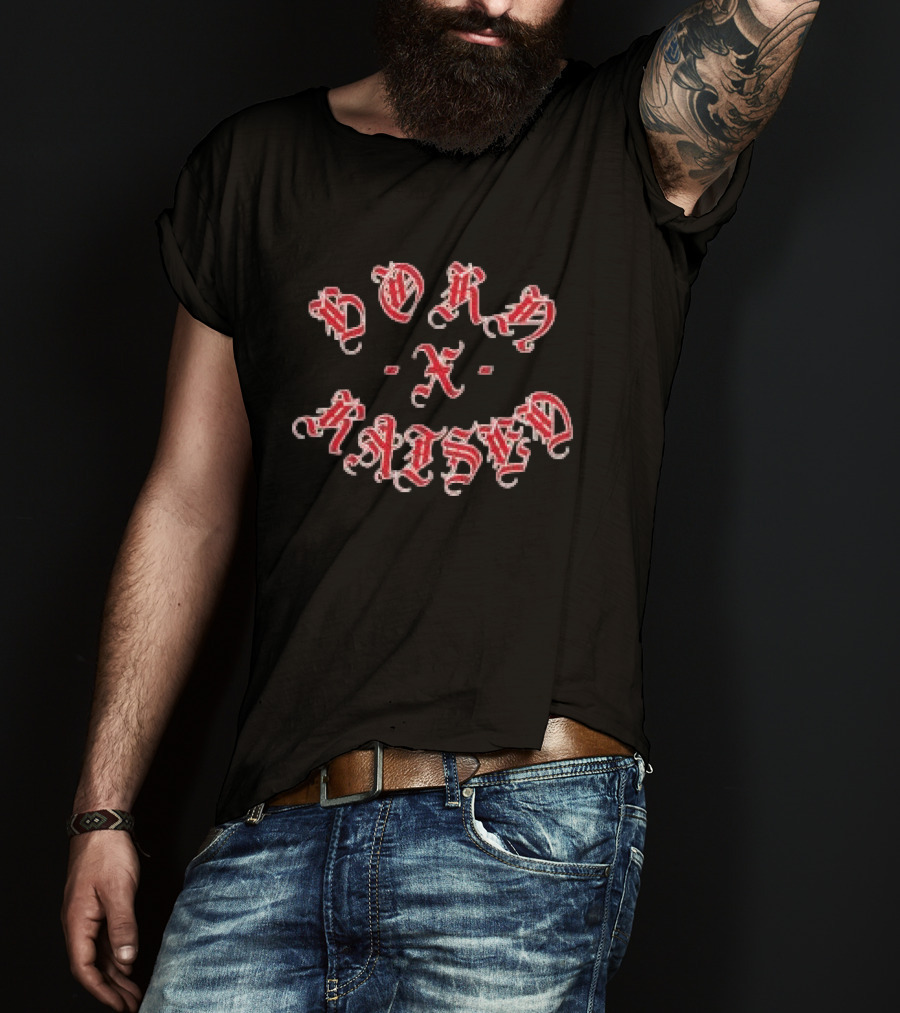 Born X Raised Gothic Rocker Black Red Old English T-Shirt